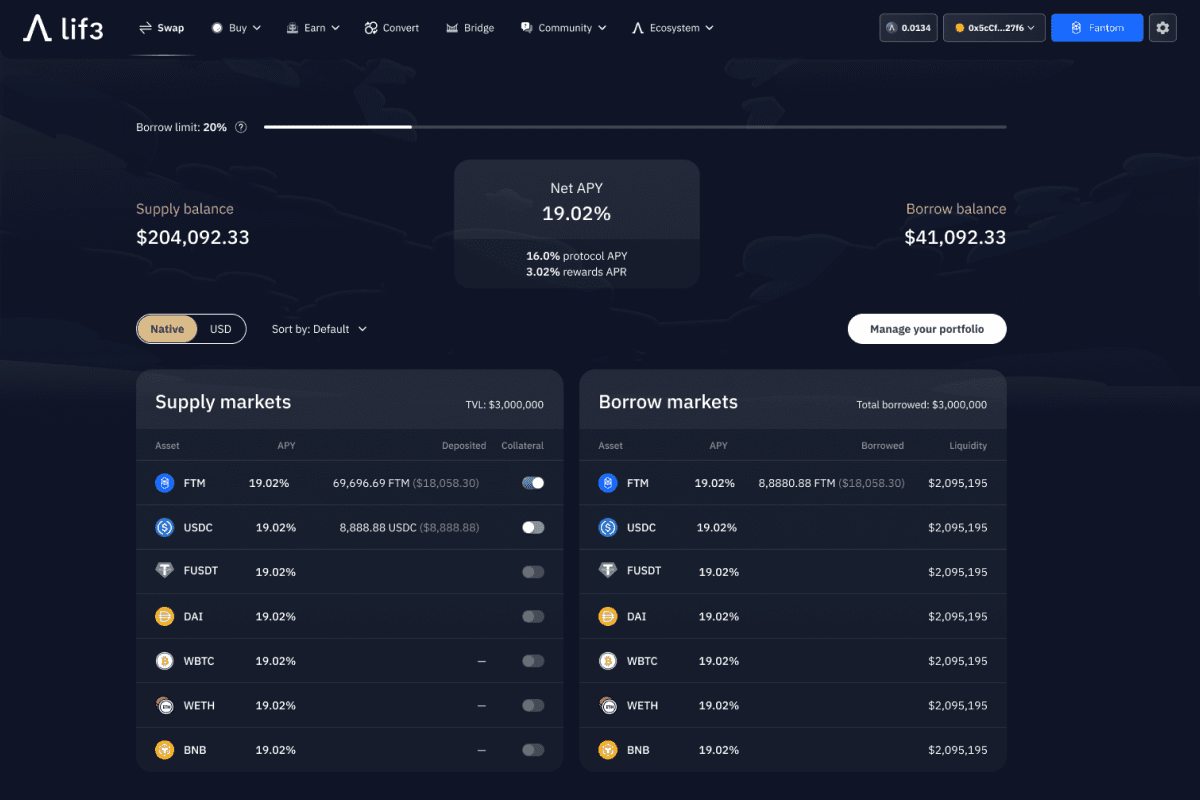 Lif3 Protocol desktop money market view