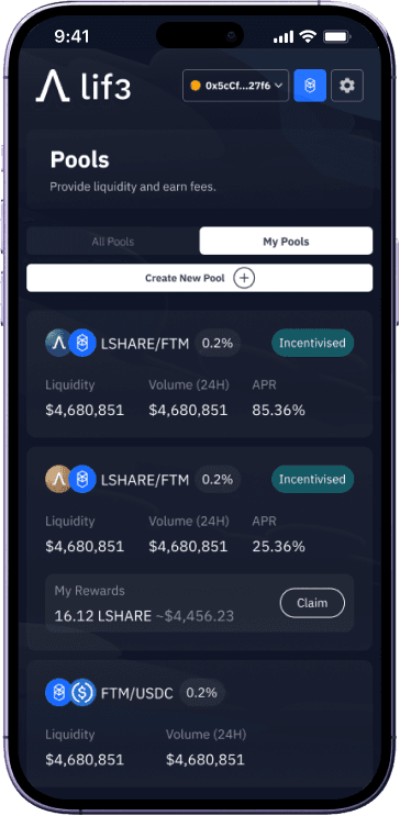 Lif3 Protocol liquidity pool list screen