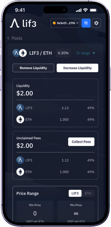 Lif3 Protocol liquidity position screen