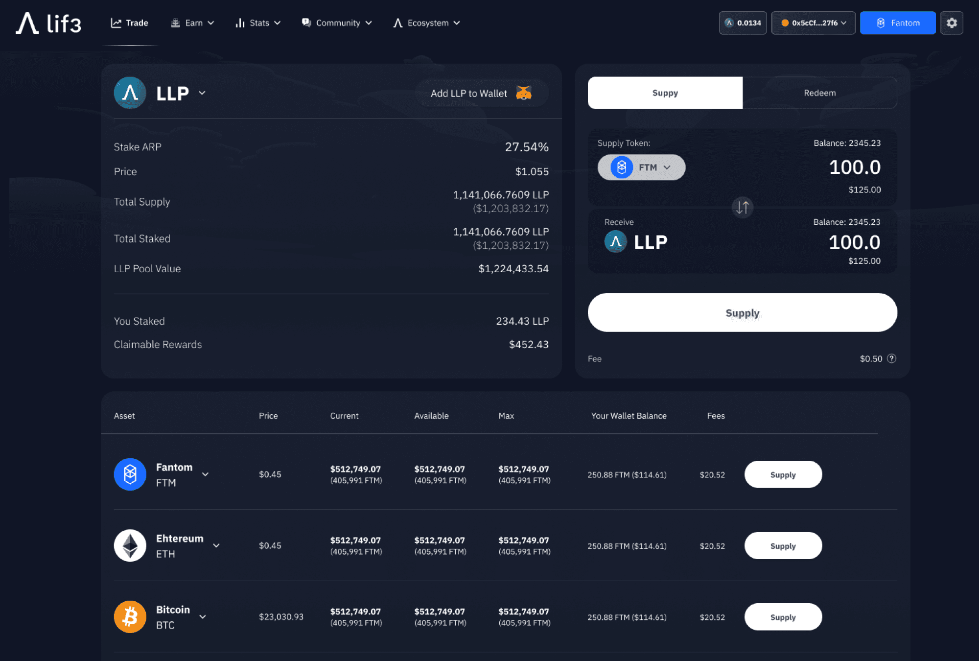 Lif3 Trade desktop liquidity pool view