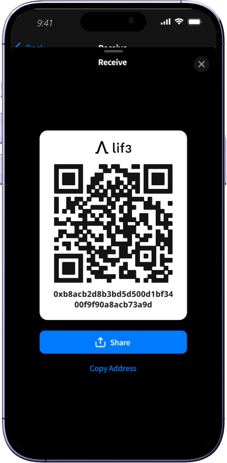 Lif3 Wallet receive screen