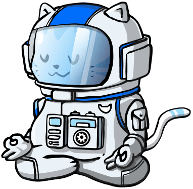Felix, an astronaut cat mascot, sitting in a meditative pose